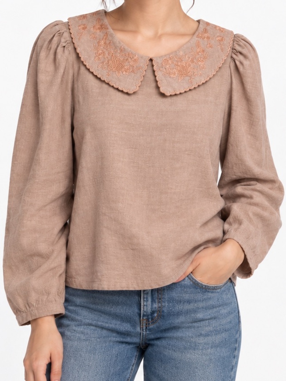 Linen Cotton Embroidered Peter Pan Collar Puff Sleeve Blouse Large Cottage Boho